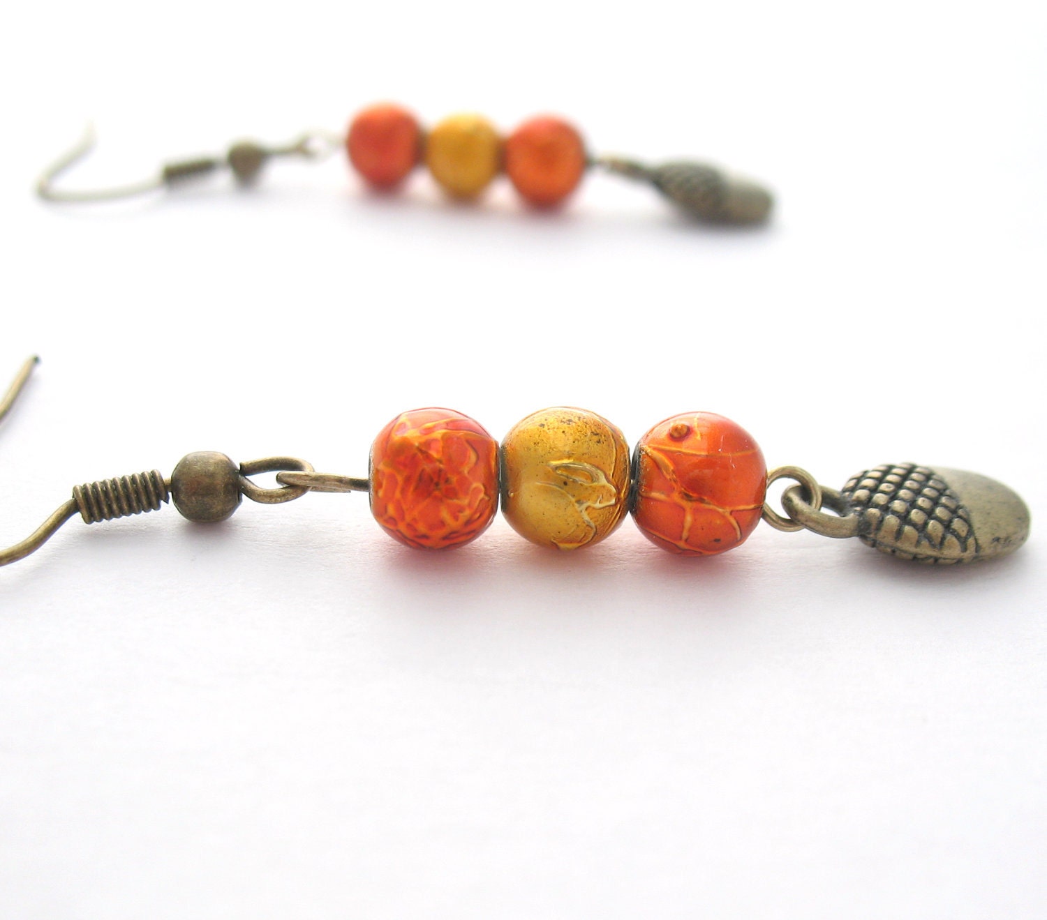 Acorn Earrings - Bright Orange And Yellow Spectra Glass Beads