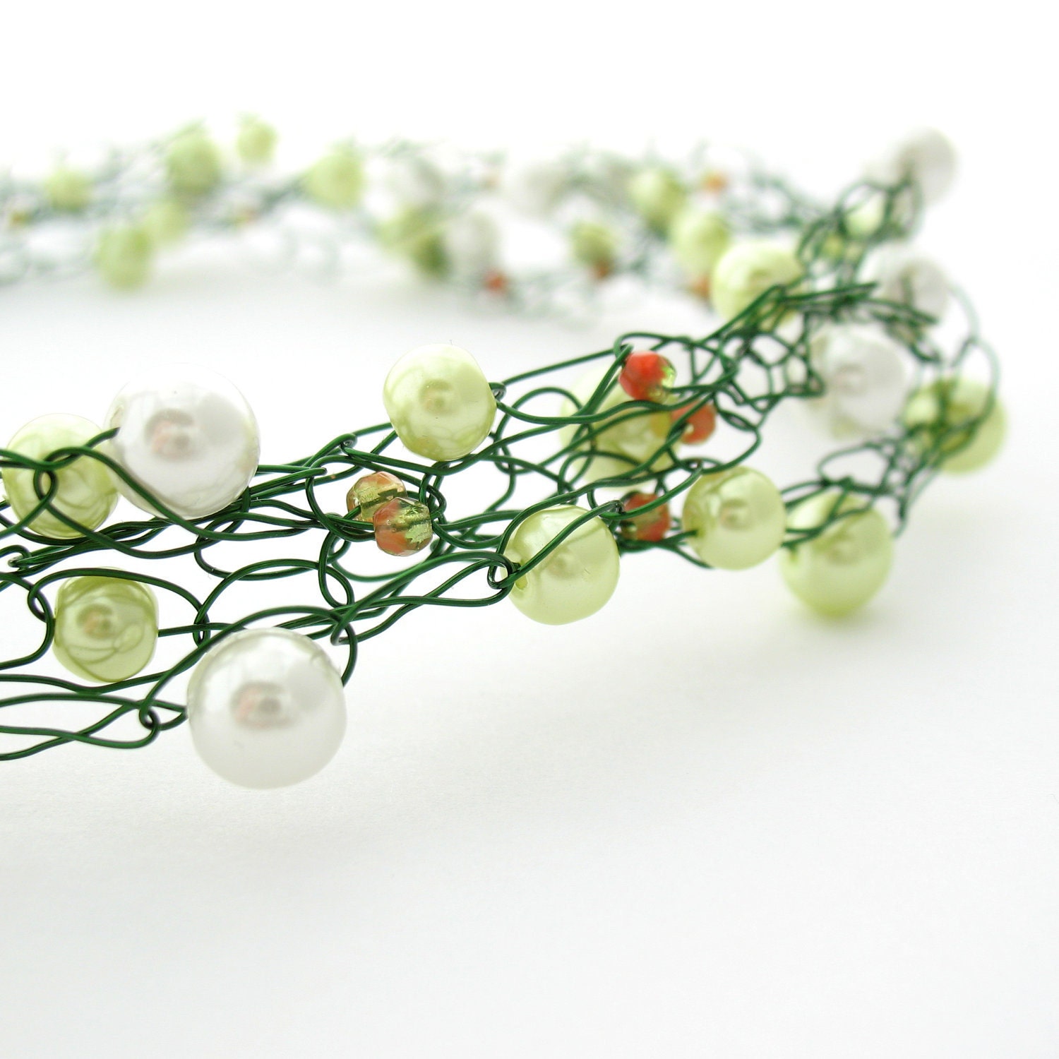 Wire Crochet Necklace, Green & White Beaded - MoonlightShimmer