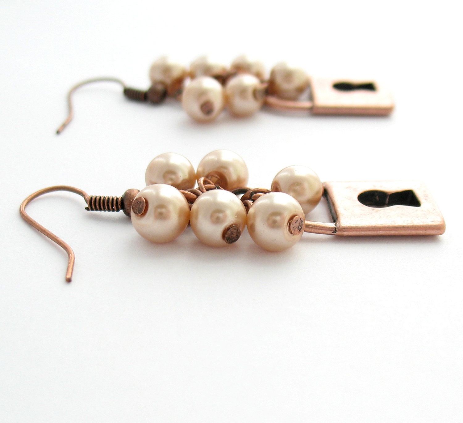 Cluster Earrings, Beige Fake Pearls With Copper Padlock Charms