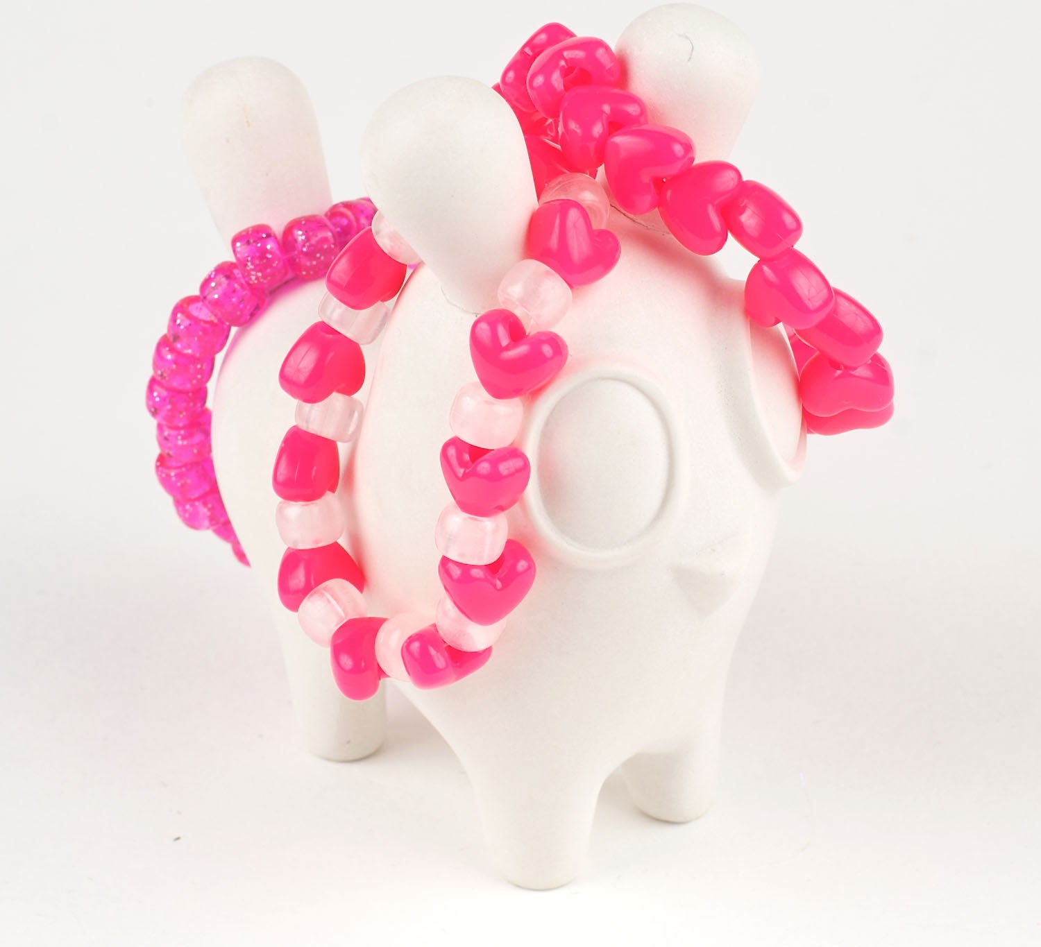 Kandi Bead Bracelet Set, White and Pink Heart Acrylic Pony Beads