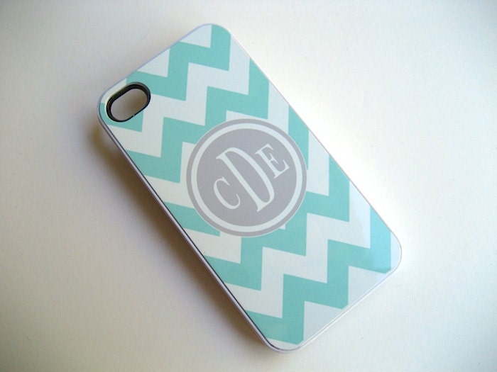 iphone case Tiffany Blue and White Chevron iPhone 4 Case with Gray Monogram - iPhone 4 4S Cover- Blue and Gray - Hard Plastic WHITE Case