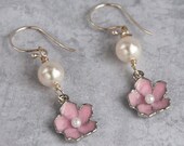 Pink Sakura Earrings Sterling Silver Pink Earrings White Swarovski Pearls Bridal Jewelry Weddings Bridesmaids
