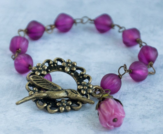 Hummingbird Bracelet Antique Brass Bracelet Magenta Glass Beads