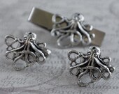 Octopus Cufflinks Set Tie ClipMen's Cufflinks Octopus Cufflinks Steampunk Antique Silver Groomsmen Vintage Style Gothic Victorian