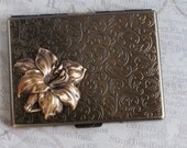 Tiger Lily Metal Cigarette Case Vintage Style Victorian Steampunk Antiqued Brass Floral Flower Metal Wallet Slim Large Size