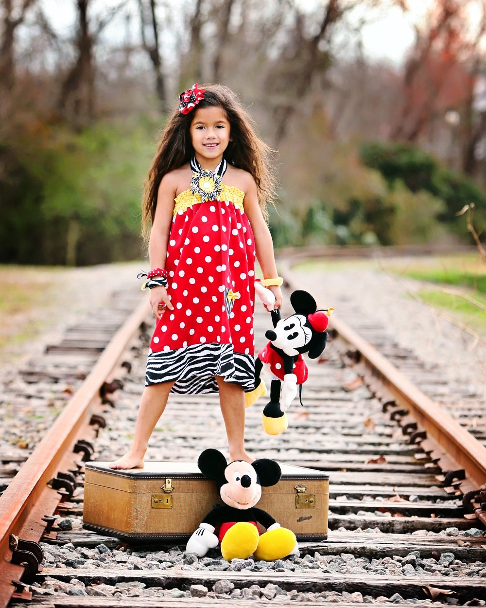 minnie mouse dress up Disney fabric bracelet zebra bangle chunky no clang red yellow polka dot  fabric ribbon tie on one size fits most