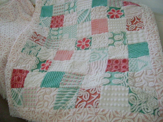 RESERVED for Sheri - Custom QUEEN Size Quilt - Super PLUSH / Rare Vintage Chenille - Aqua, Pink, Raspberry and White - Etsy Treasure