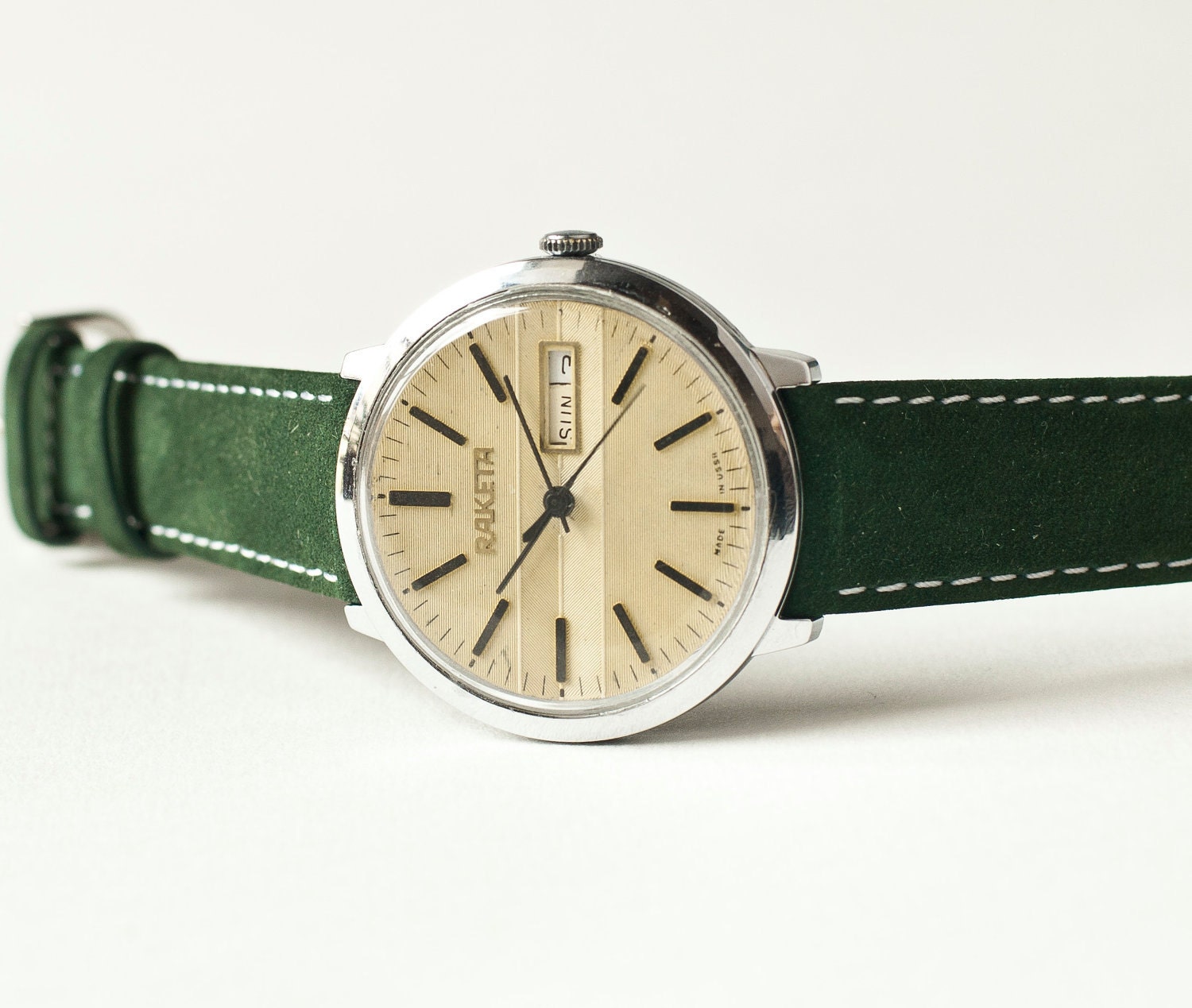 Mechanical watch Raketa, mens watch, mustard, forest green tones, USSR