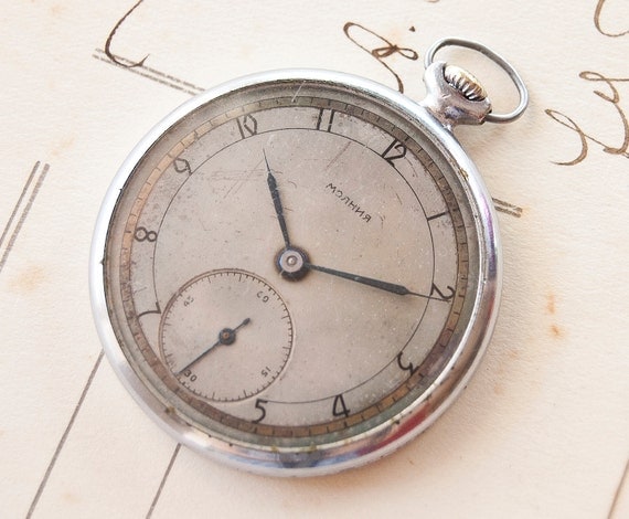 Antique mens pocket watch Molnija, silver tone rare pocket watch, Soviet Era