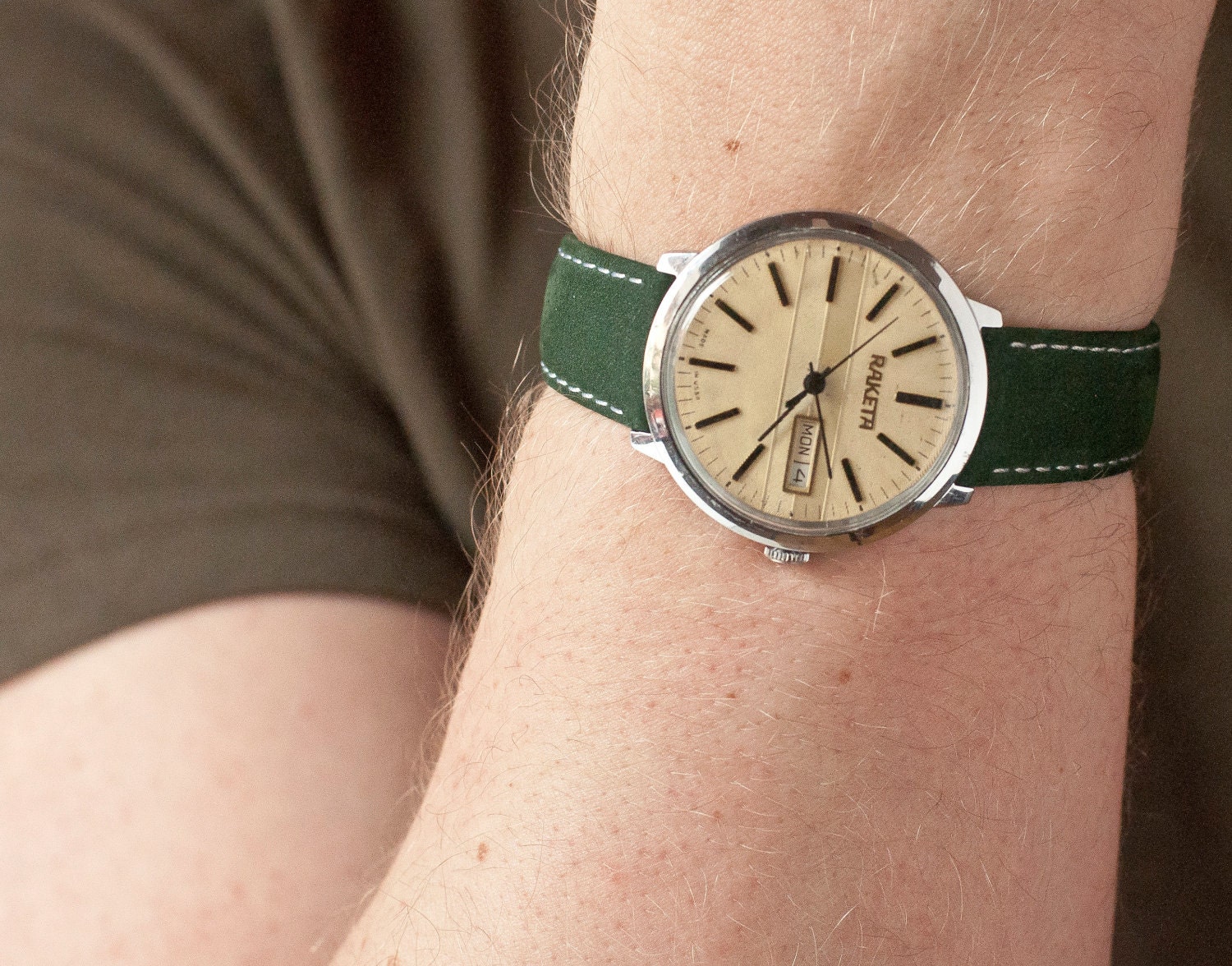 Mechanical watch Raketa, mens watch, mustard, forest green tones, USSR