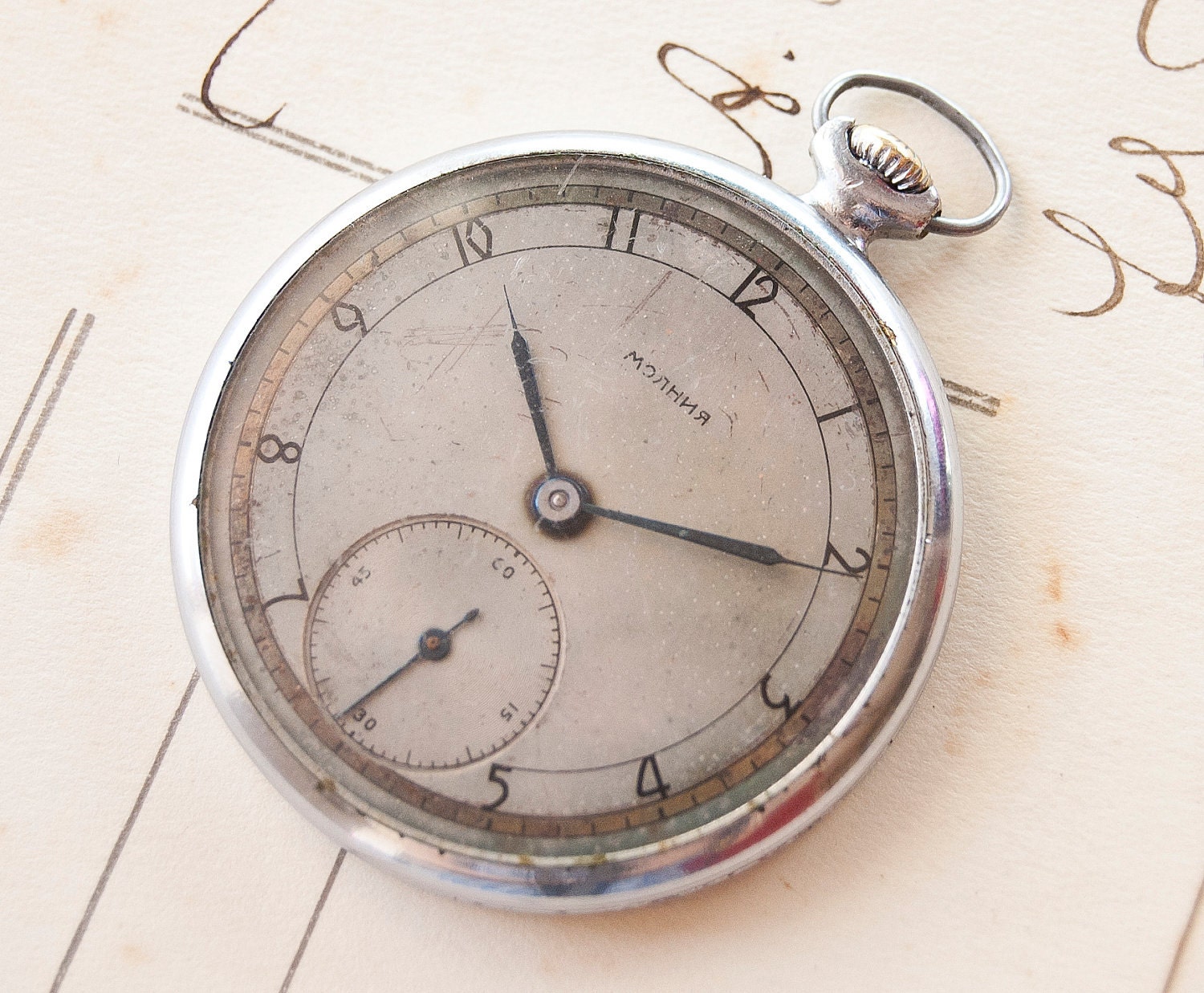 Antique mens pocket watch Molnija, silver tone rare pocket watch, Soviet Era