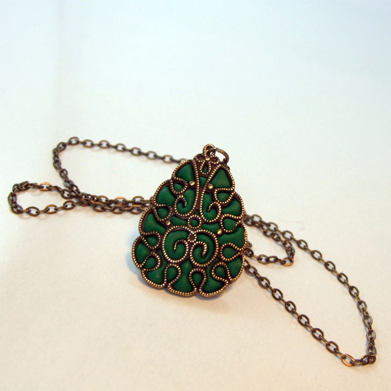 Victorian Green  Brass filigree custom jewelry  old style pendant hand made