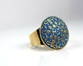 Gold blue ring imperial victorian style enamel work unique design handmade adjustable ring