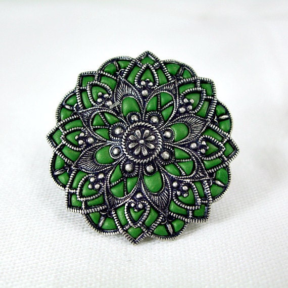 Brooch pin silver green  custom made jewelry flower old style jewelry unique gifts antique enamel jewelry
