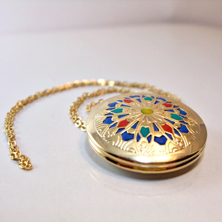 Gold Locket  gold jewelry victorian medallion  old style  jewlery handmade for her 2012 gold blue red