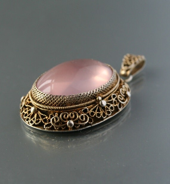 Chinese Sterling Silver Filigree Locket Huge Pendant Rose Quartz Export