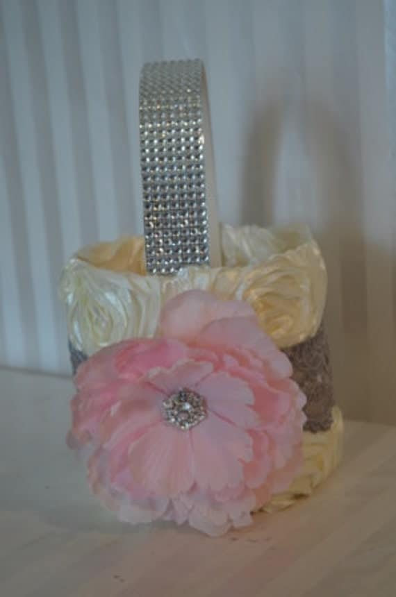 Pink Flower Girl Basket-Ivory ruffle basket with silver lace -Rhinestone handle