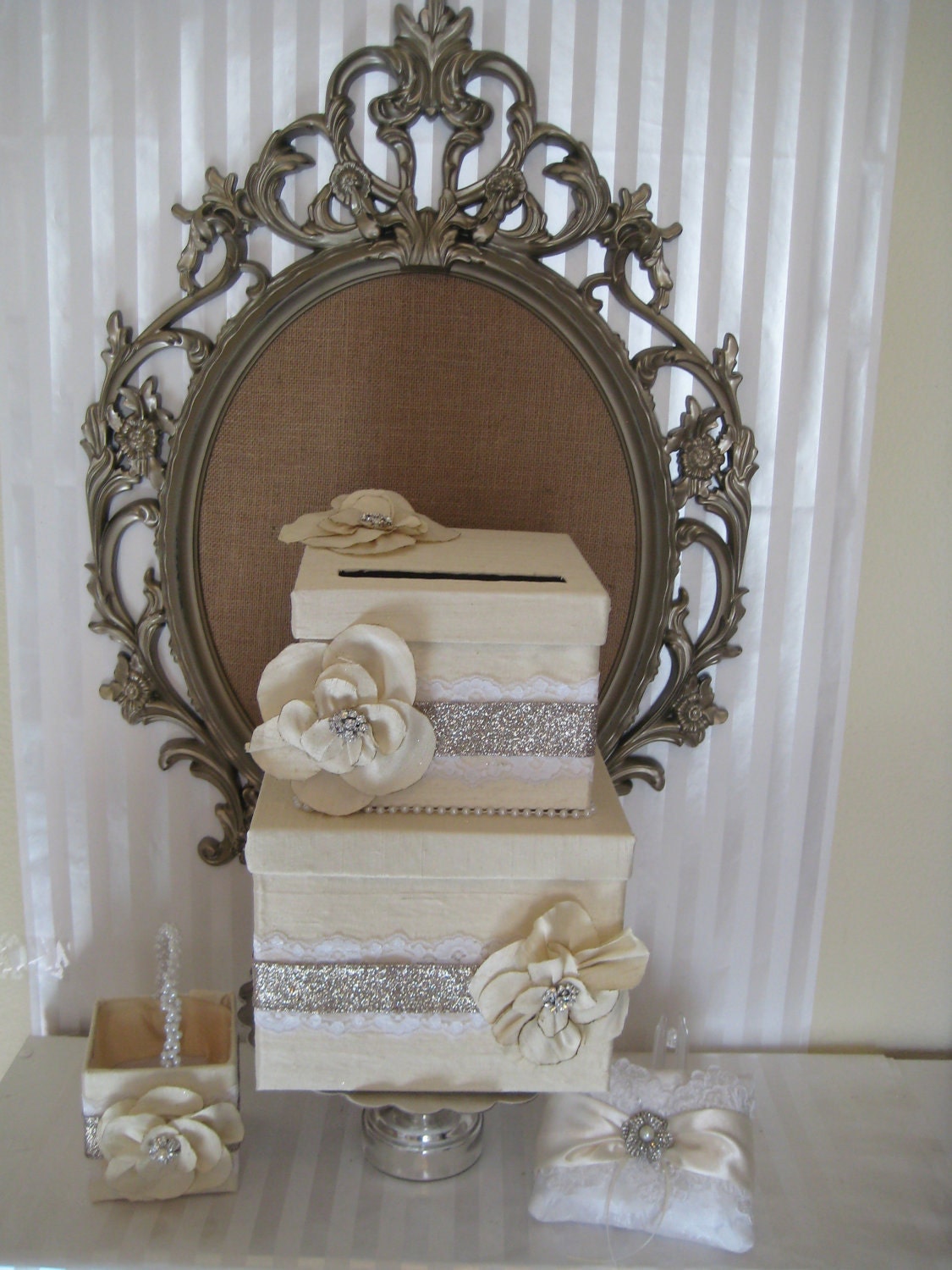 Wedding Card box - Wedding ring pillow- The "Alexis" Collection- Ivory silk card box, ring pillow, flower basket