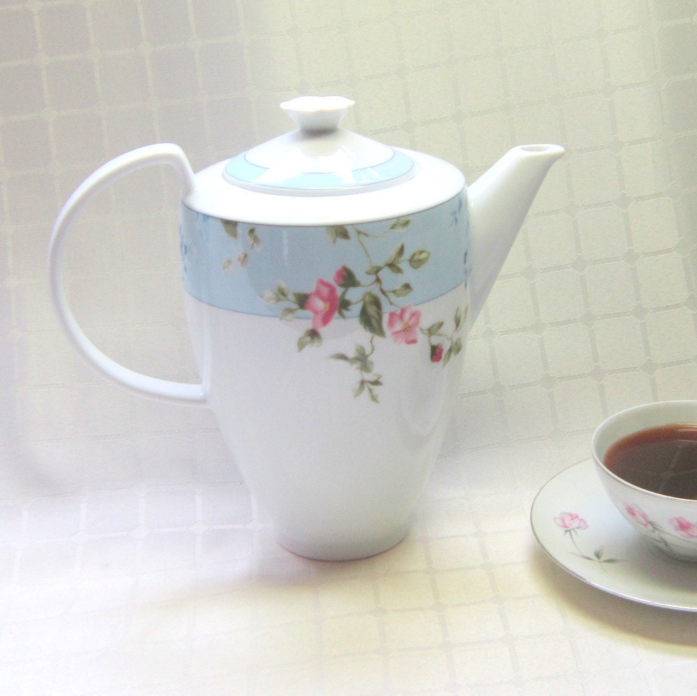 Vintage Coffee Tea Pot  Floral Blue Cottage Shabby Chic Housewares Home Decor Serving Party Gift for Her Bridal