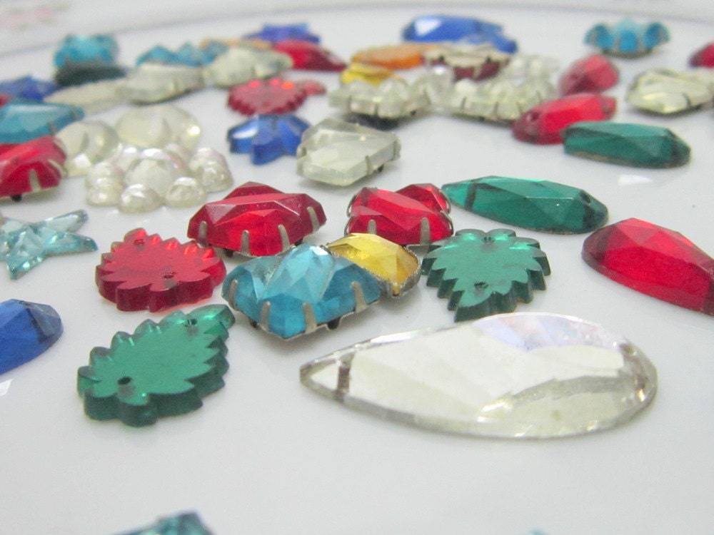Vintage Costume Beads OAK Altered Art  Jewelry Red Topaz Green Blue White Destash UpCycle Steampunk Craft Supplies Findings