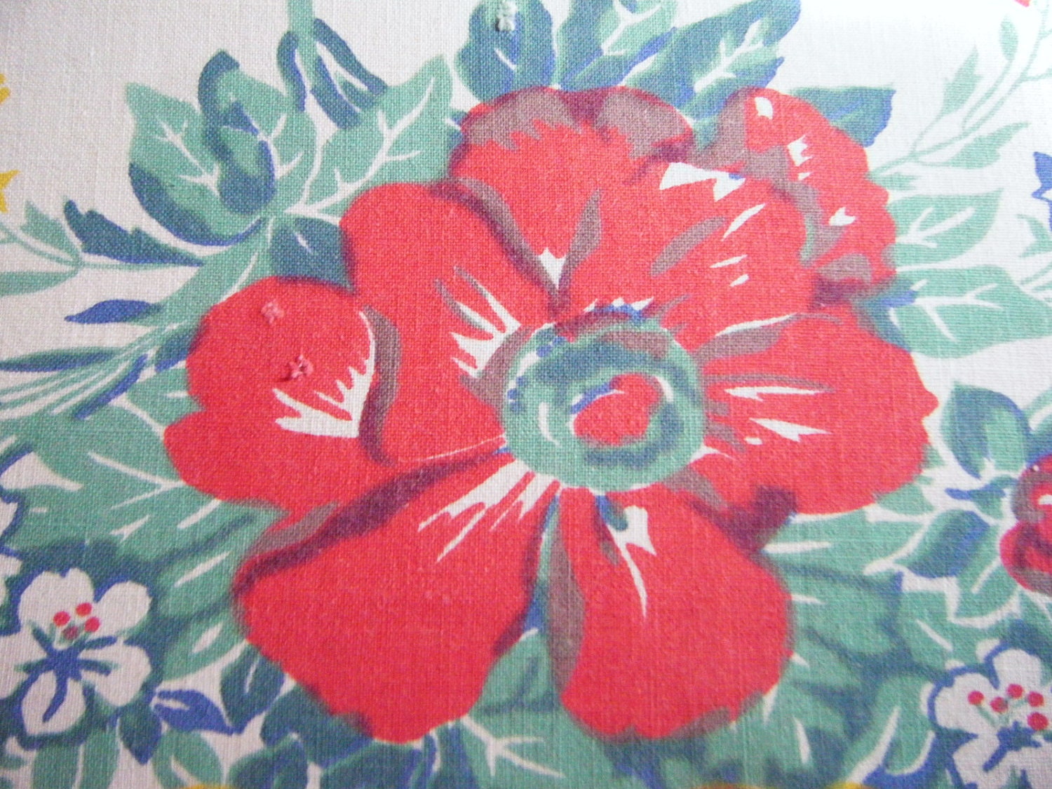 Vintage Farm House Tablecloth Linen Fabric  Cottage Picket Fence Border Red Yellow Aqua Flowers Gift for Her Cottage Farmhouse Indian Head