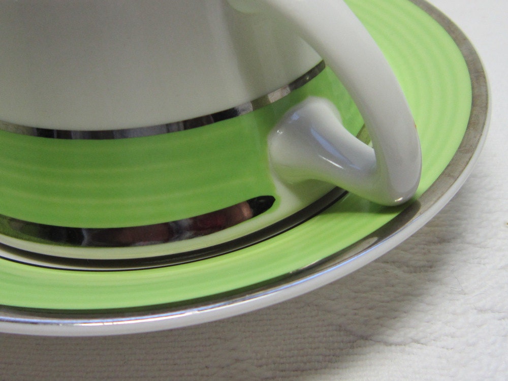 Vintage Swirled Lime Green Chrome Syracuse China Teacups and Saucers Gift for Him Her Mid Century Modern Tea Party