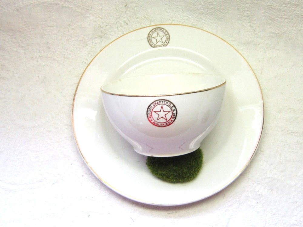 White Gold Vintage Secret Society Mason's Order of the Eastern Star Bowl Matching Plate Homer Laughlin