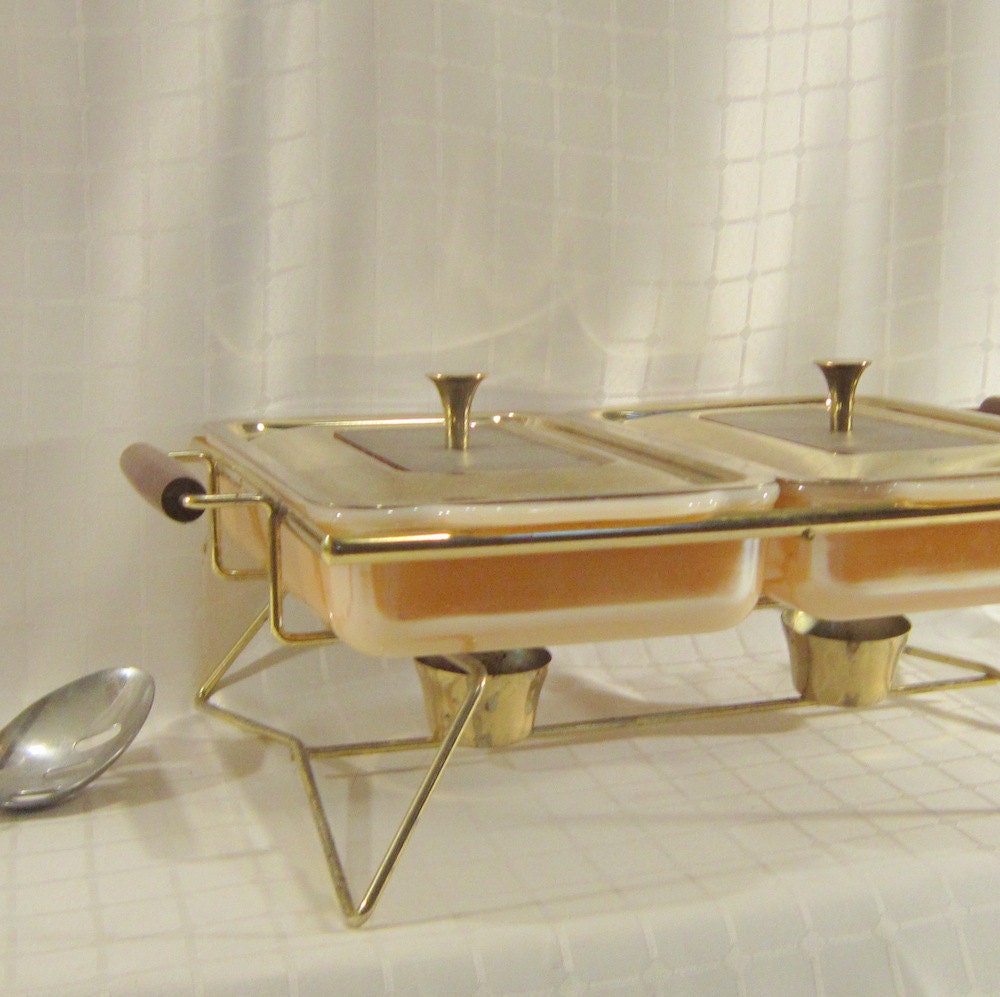 Mid Century Peach Luster Coco FireKing Chafing Dish Casserole Lid Bake Ware Housewares Cooking Party Pool Dinner Serving