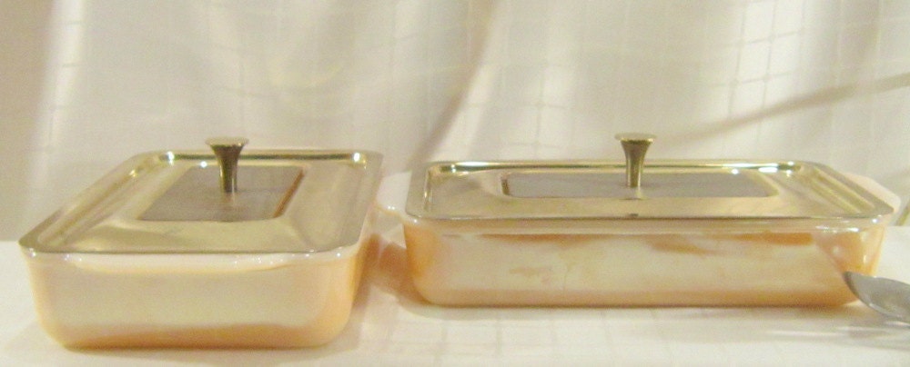 Mid Century Peach Luster Coco FireKing Chafing Dish Casserole Lid Bake Ware Housewares Cooking Party Pool Dinner Serving