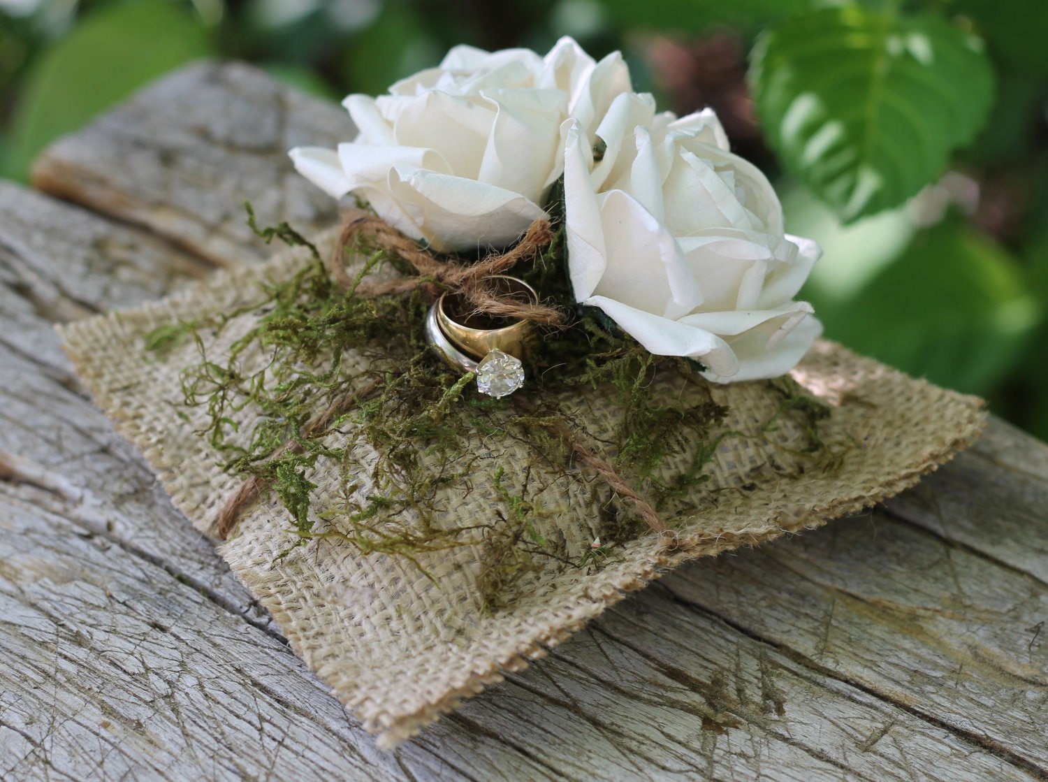 Wedding Ring Pillow With Paper Roses And Moss, Rustic, Shabby Chic Weddings