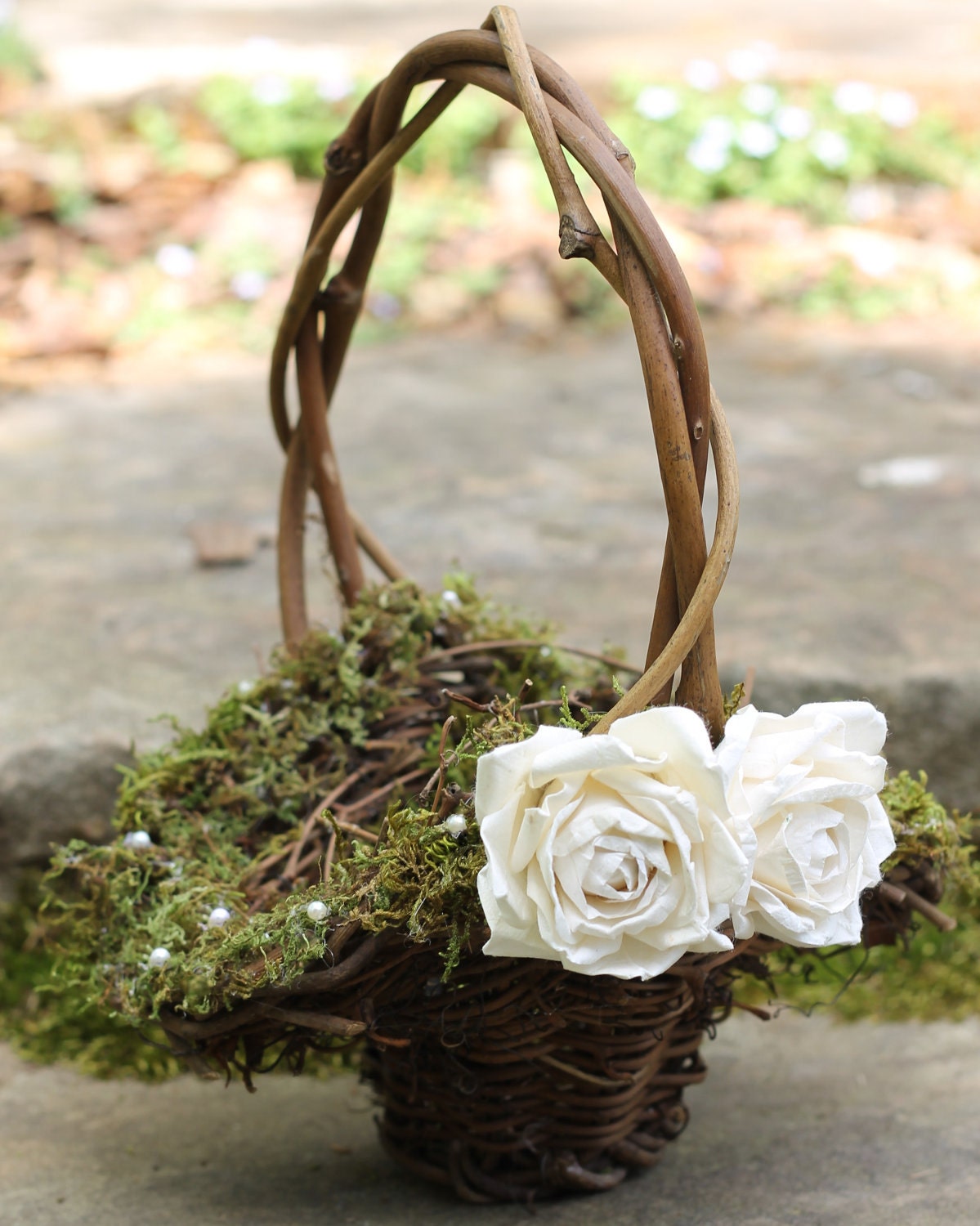 Flower Girl Basket Lined With Moss And Fresh Water Pearls, Roses Rustic Shabby Chic Weddings