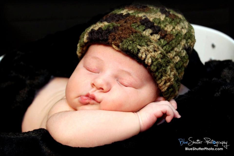 READY TO SHIP Newborn Handmade Crochet Knit Baby Boy or Girl Camo Beanie  Great Photo Prop