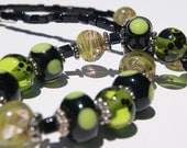 Lime Green and Black Lampwork Necklace, Green annd Black Beaded Necklace, Black and Lime Green Polka Dot Necklace