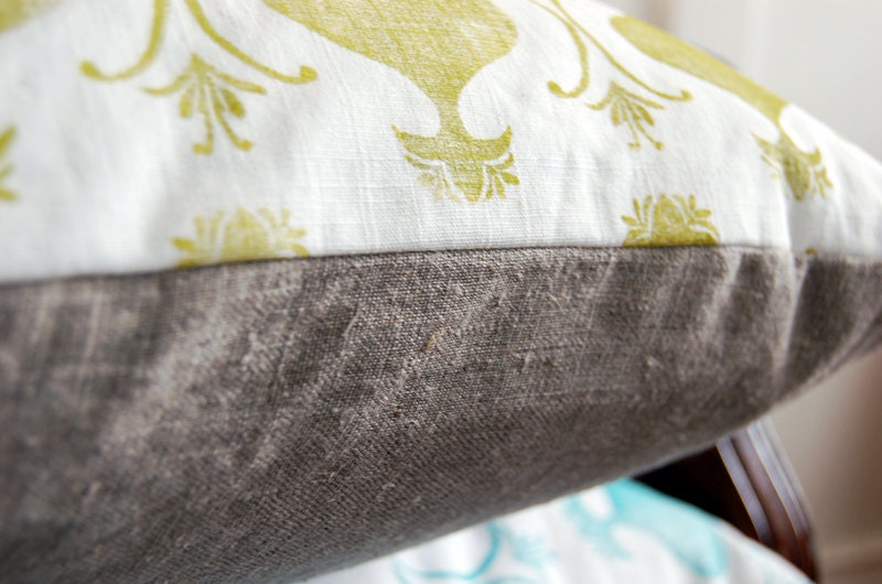 Lime  Block Print Linen Pillow Cover - "King and Queen"