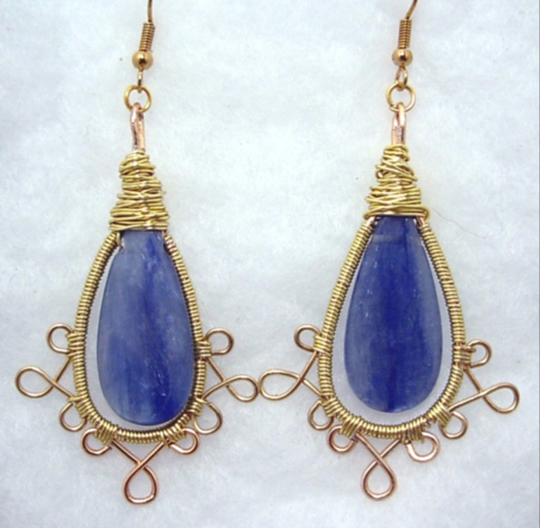 Wire wrapped Kyanite Long Dangle Earrings, Gold and Blue
