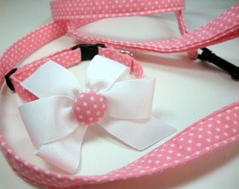 Pink with White Polka Dots Dog Collar and Leash Medium