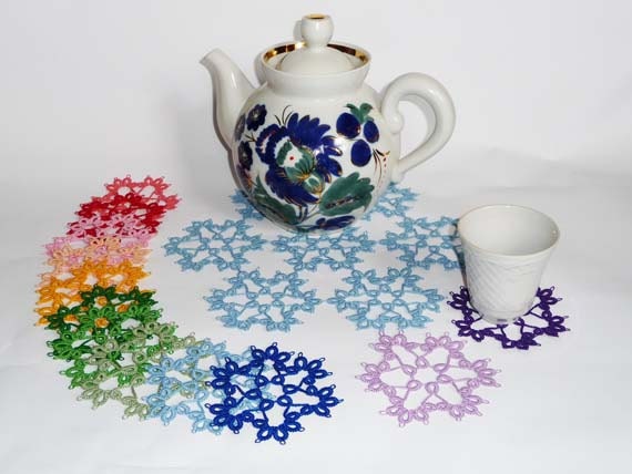 Tea doily and 12 Coasters in tatting - Rainbow - gift for Mom