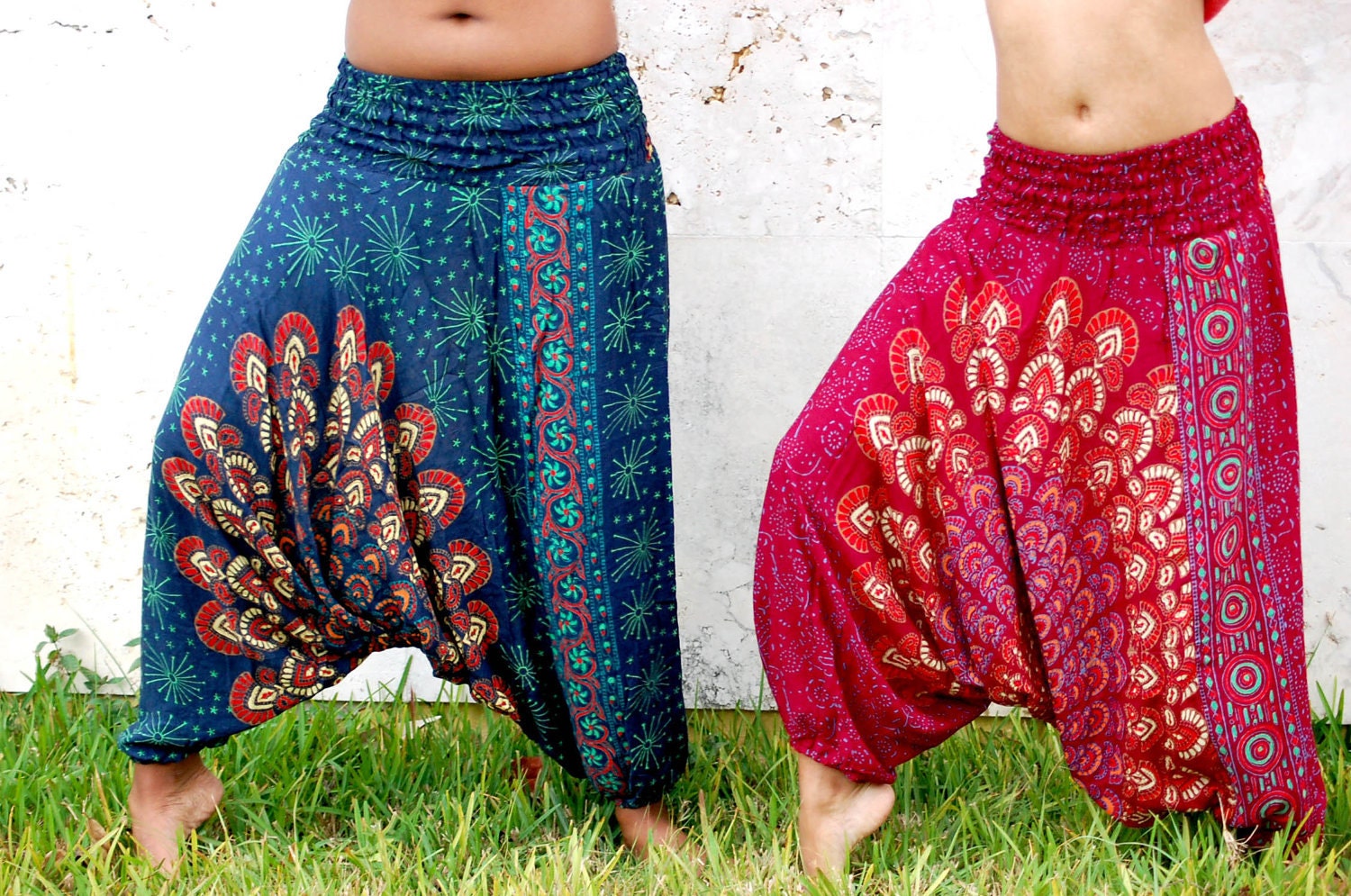 100% Organic Cotton Vibrant Teal Harem Pants with Hand Block Print-Yoga Wear, Lounge Wear, Dance Wear, Spacious, Beautiful Colors