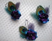 bridesmaid's purple- blue flower hair clips,  peacock feathers,  freshwater pearls