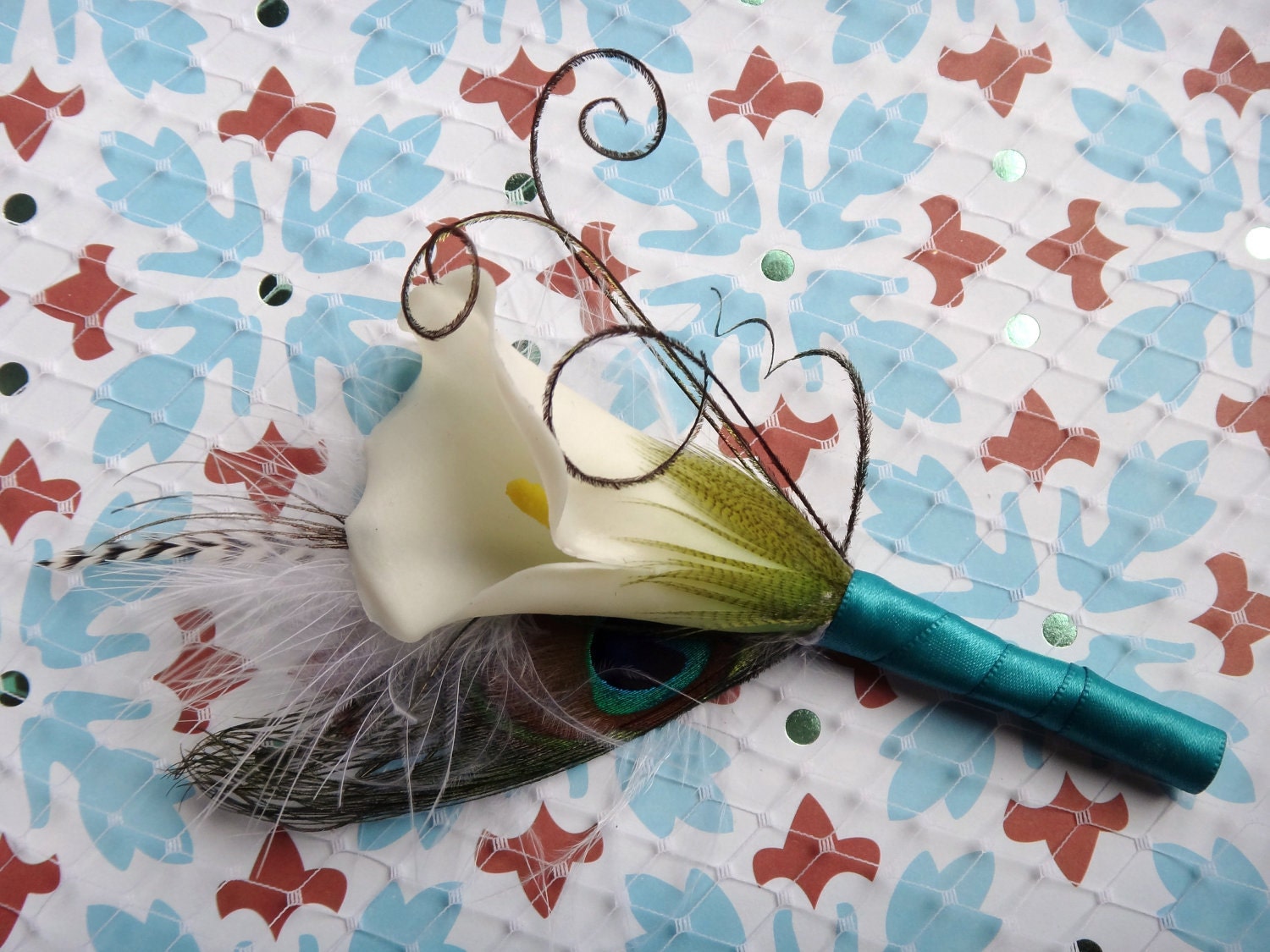 Peacock calla lily boutonniere, white, eggplant purple, lime green, soft pink color calla lilies available