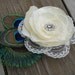 Bridal ivory satin lace flower hair clip accented with a rhinestone, peacock eye and sward feathers
