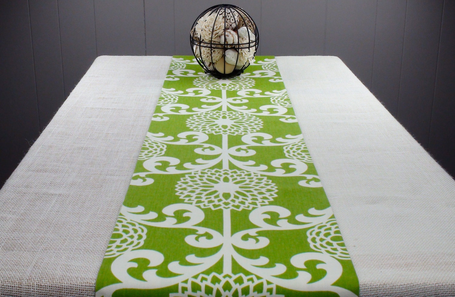 Green and White Table Runner 60 inch 60" long, Spring Table Runner
