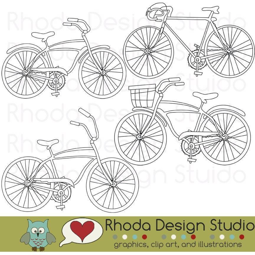 Retro Bikes Digital Clip Art Vintage Bicycles Stamps - Line Art