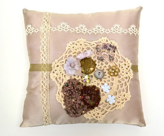 Bits of lace ring bearer pillow wedding something old tan ivory lace trims