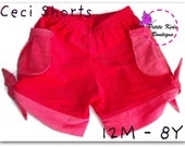 Ceci Shorts for Girls 12M - 8Y - Tie hem - Pleated pockets - Elastic waist -  Easy Sew - PDF Pattern and Instruction