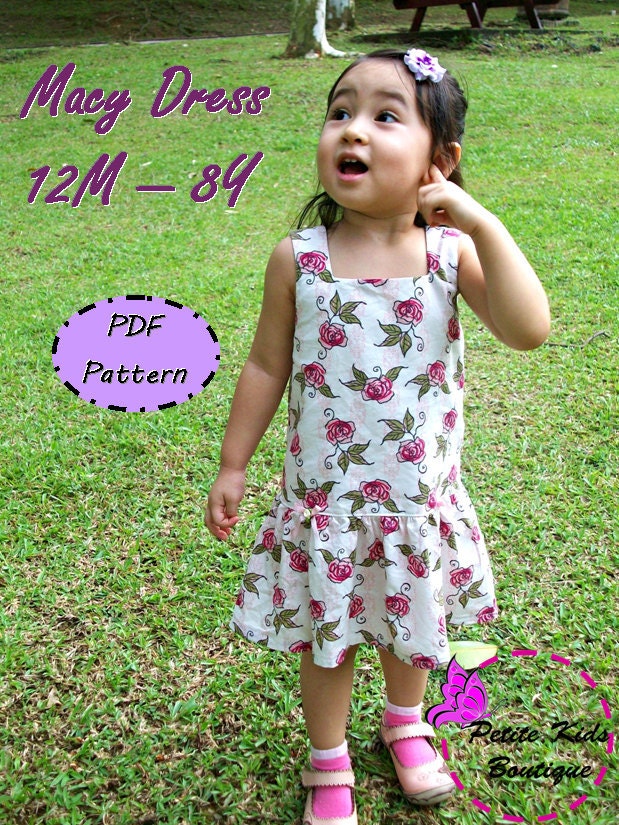 Macy Dress For Girl 12M-8Y - Easy Sew - PDF pattern & instructions -Square neckline - Drop waist - Snap fasteners/ Zipper Option