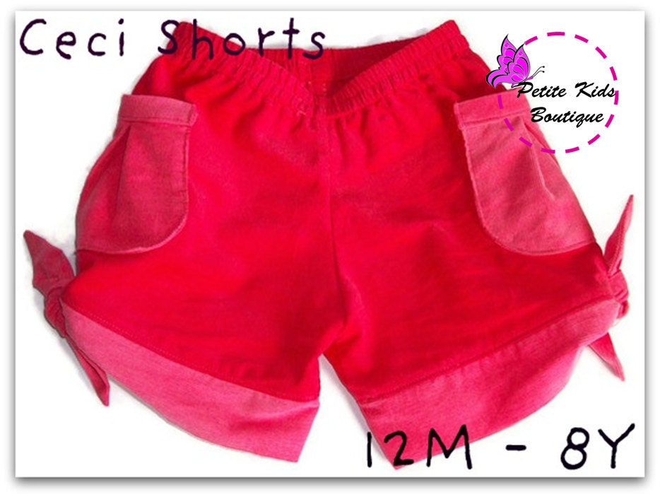 Ceci Shorts for Girls 12M - 8Y - Tie hem - Pleated pockets - Elastic waist - Easy Sew - PDF Pattern and Instruction