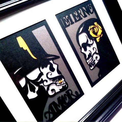 Dia de los Muertos Sugar Skull Day of the Dead Framed Paper Cut Steam Punk gift amor eterno silver gold