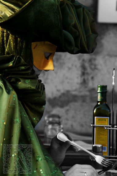 Olive oil - Signed photo 8 x 12 - BOGO sale - carnival of Venice green yellow dinner mask costume lunch