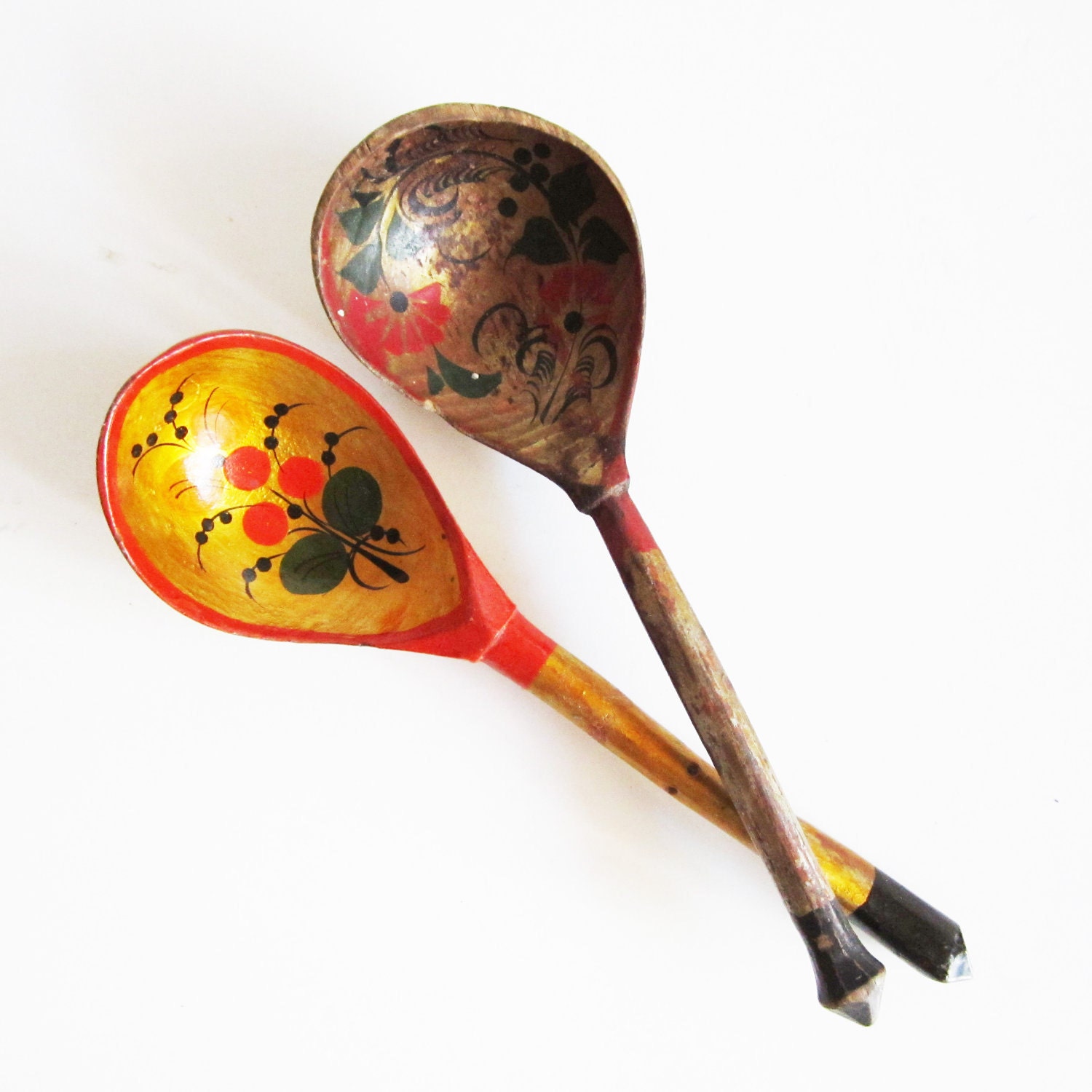 Two VINTAGE hand made and painted WOODEN SPOONS, use for assemblage, home decor, kitchenware.